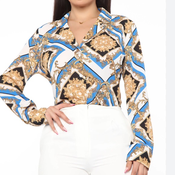Chemise blouse blue Versace print similar - Picture 1 of 4
